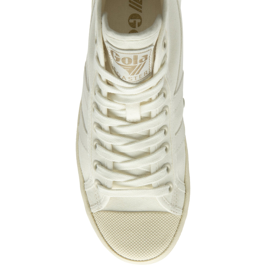 Top-down view of a white Gola high-top sneaker with beige laces and toe cap.