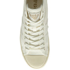 Top-down view of a white Gola high-top sneaker with beige laces and toe cap.