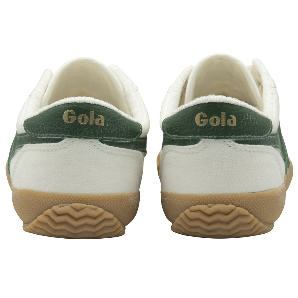 The back of a pair of white Gola sneakers with green accents, on a white background.