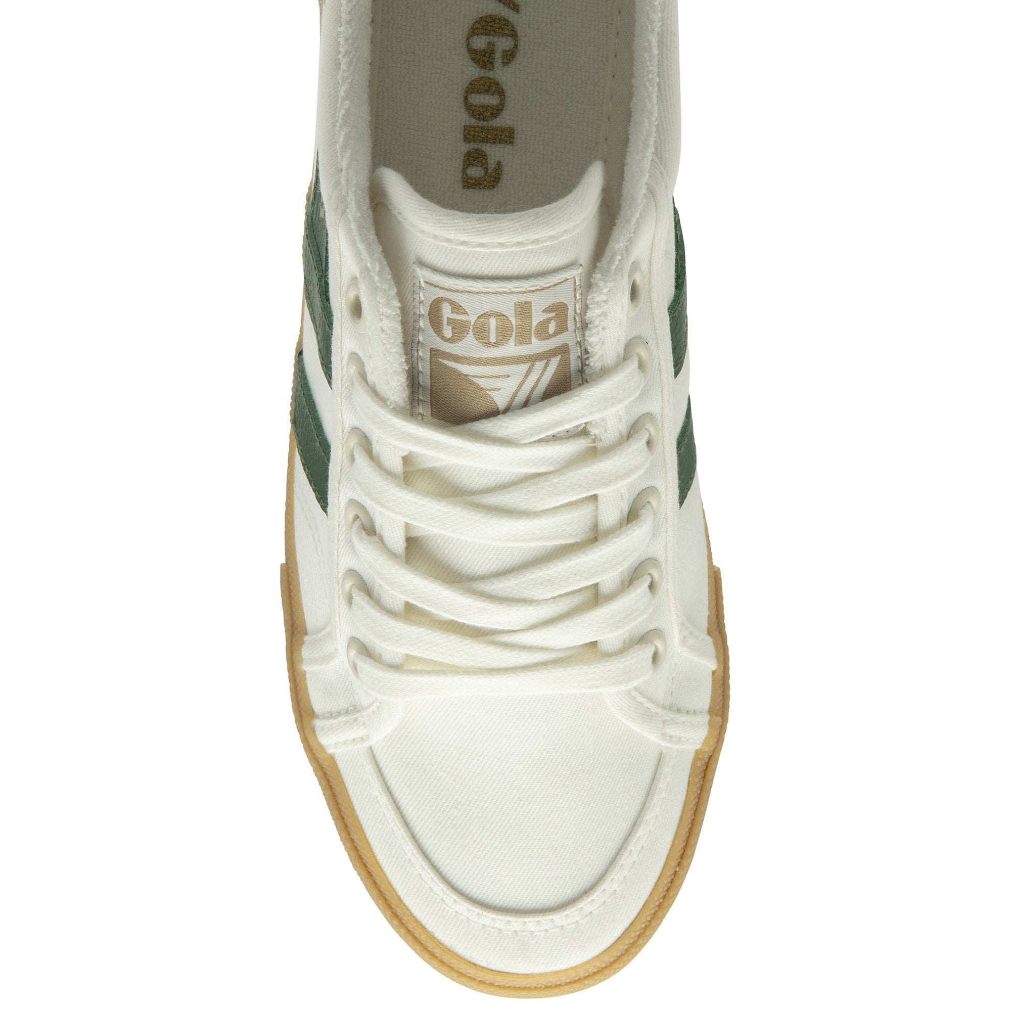The top-down view of a white Gola sneaker with green stripes on a white background.