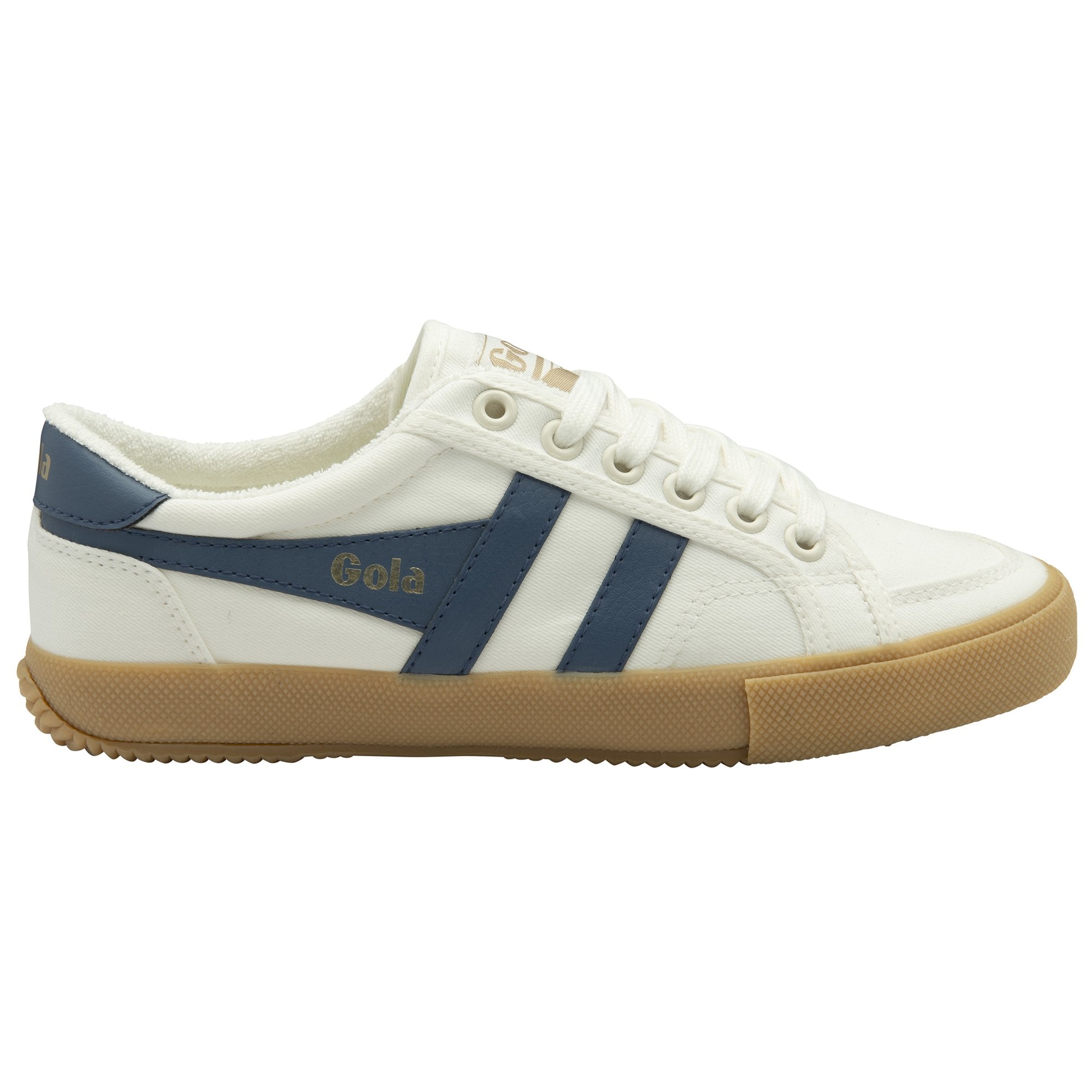 A single white Gola sneaker with navy stripes and a gum sole, viewed from the side.