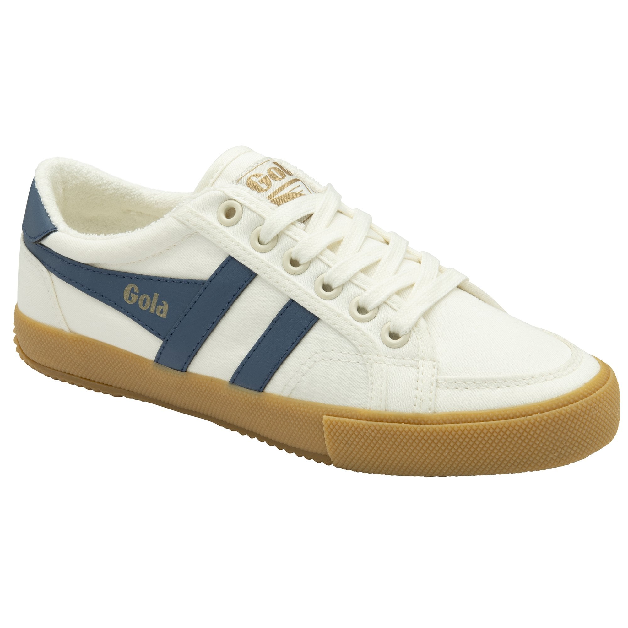 A single white Gola sneaker with navy stripes and a gum sole, viewed from an angle.