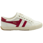 Side profile of white Gola women's low-top sneaker with two red stripes on the side.