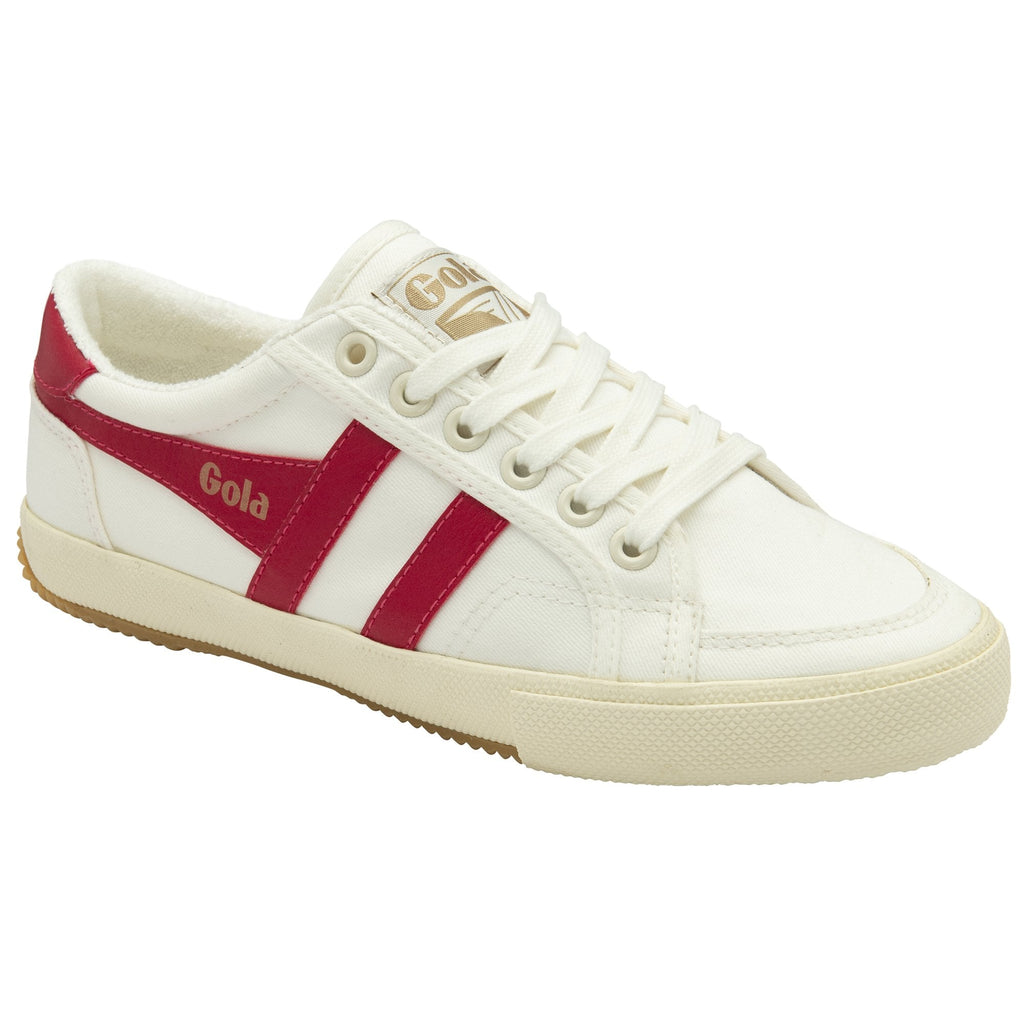 Front side view of white Gola women's low-top sneaker with two red stripes on the side.