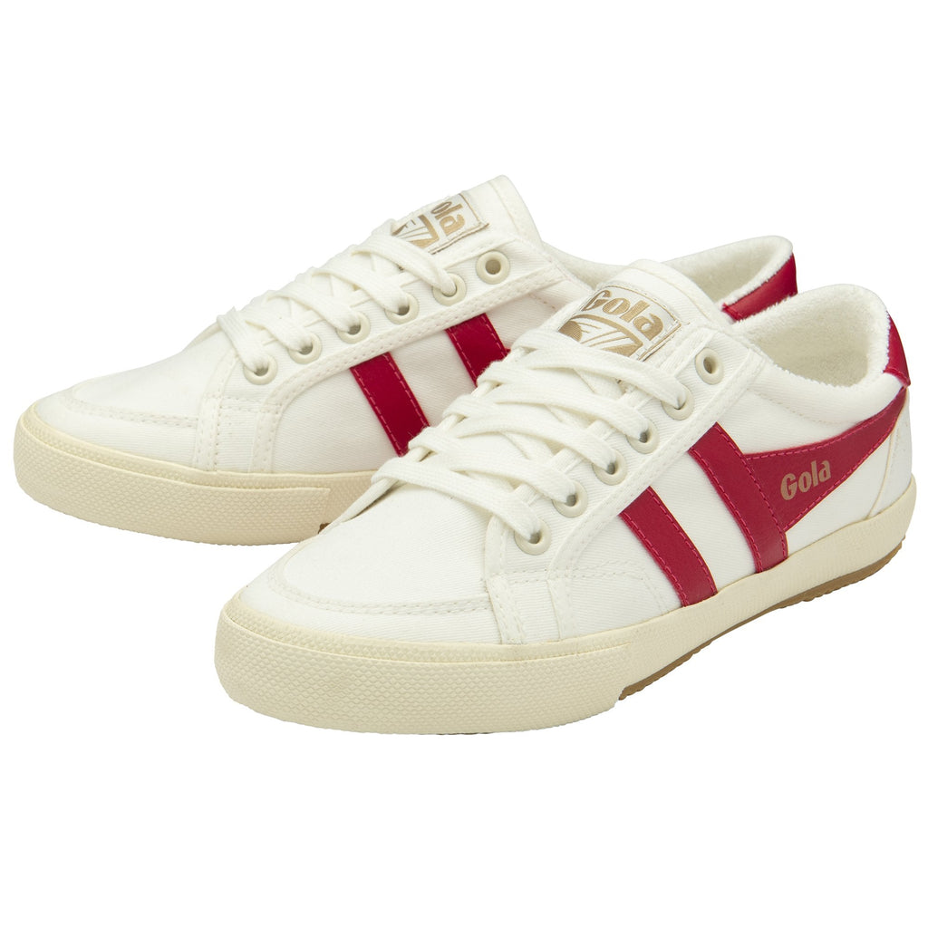 Pair of white Gola women's low-top sneakers with two red stripes on the side.