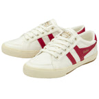 Pair of white Gola women's low-top sneakers with two red stripes on the side.