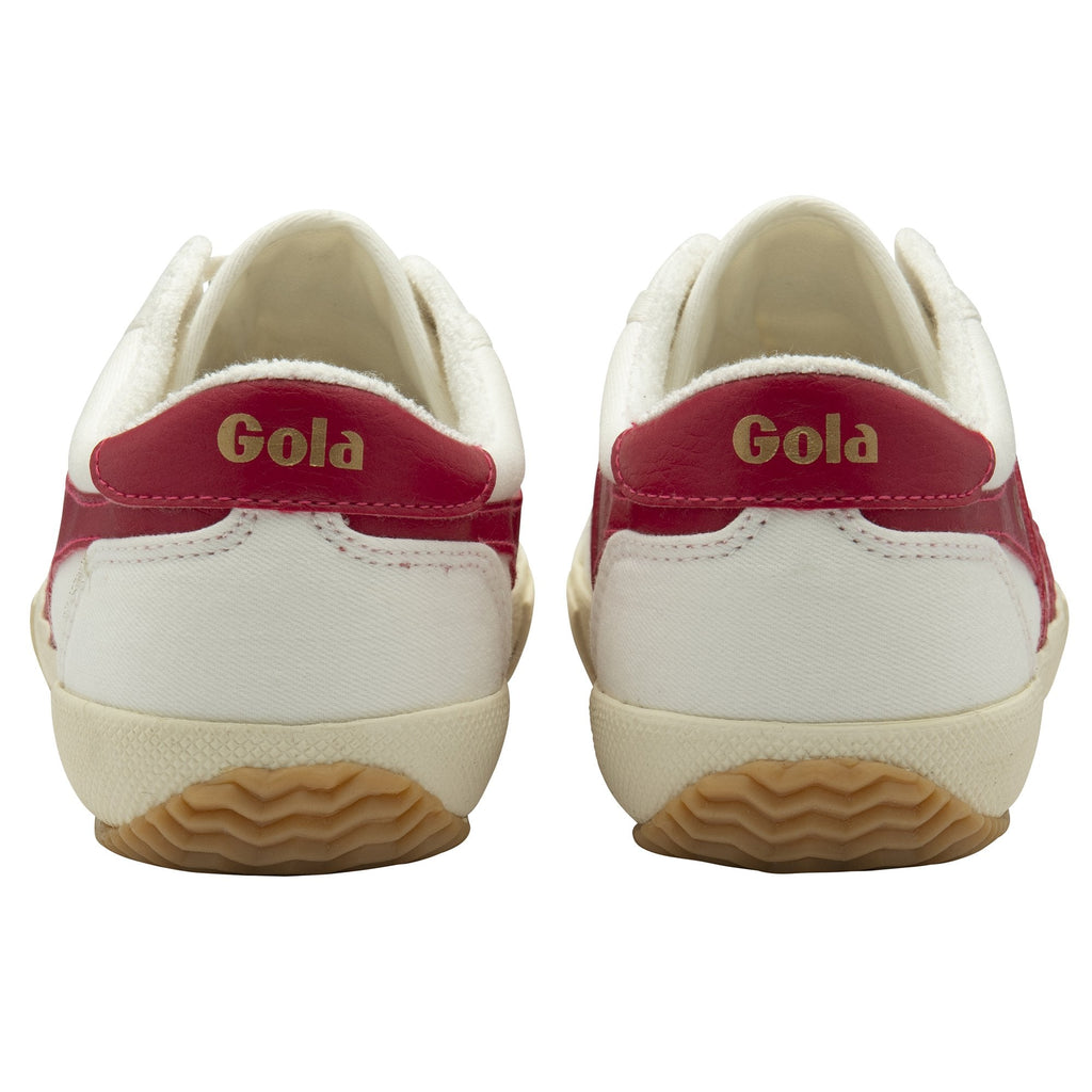 Back view of a pair of white Gola women's low-top sneakers with red trim.