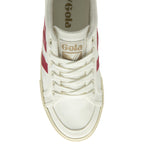Top down view of a white Gola women's low-top sneaker with two red stripes on the side.