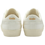 The heels of two white canvas sneakers, showing the Gola logo in gold.