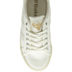 The top-down view of a white canvas sneaker with cream laces and gold Gola logo.