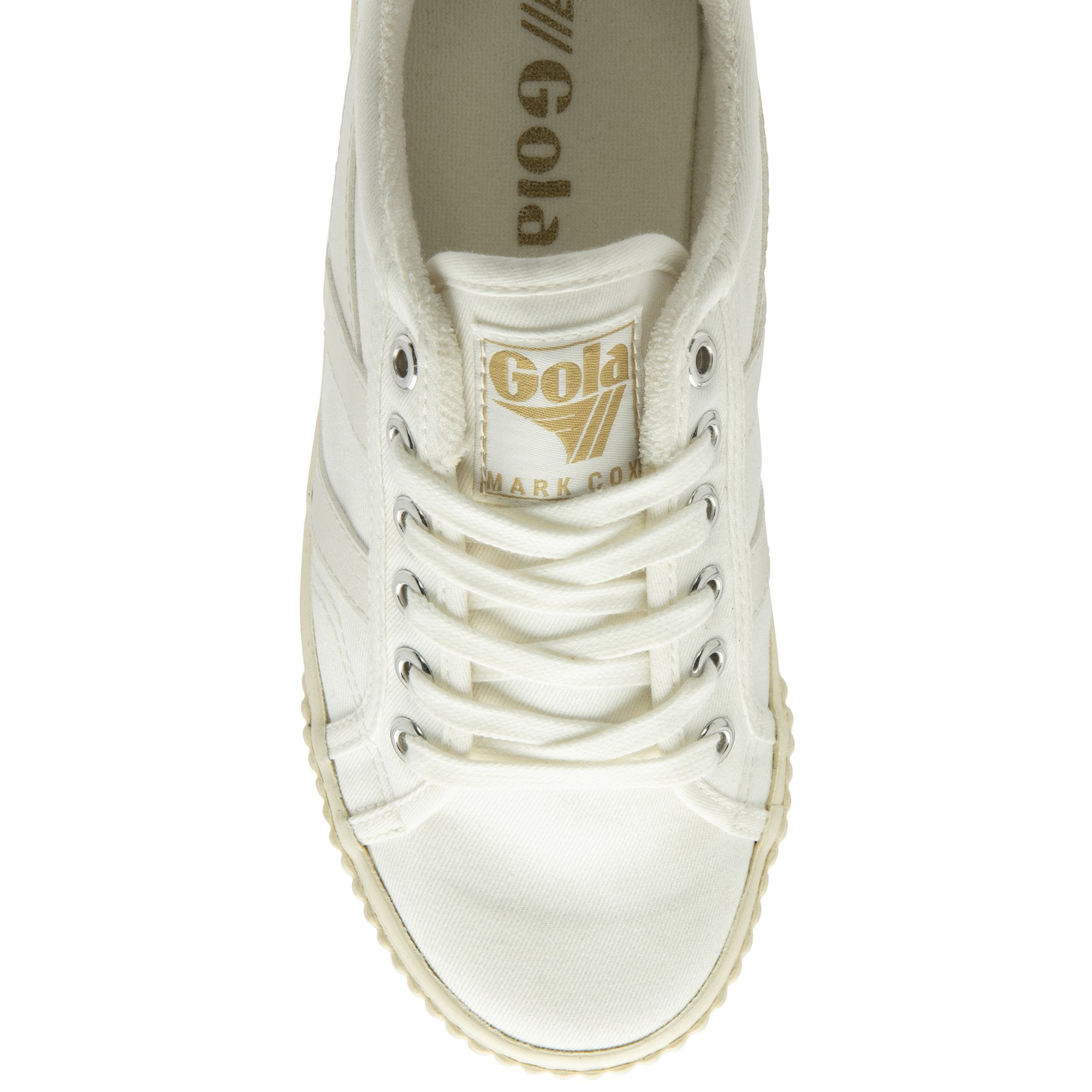 The top-down view of a white canvas sneaker with cream laces and gold Gola logo.