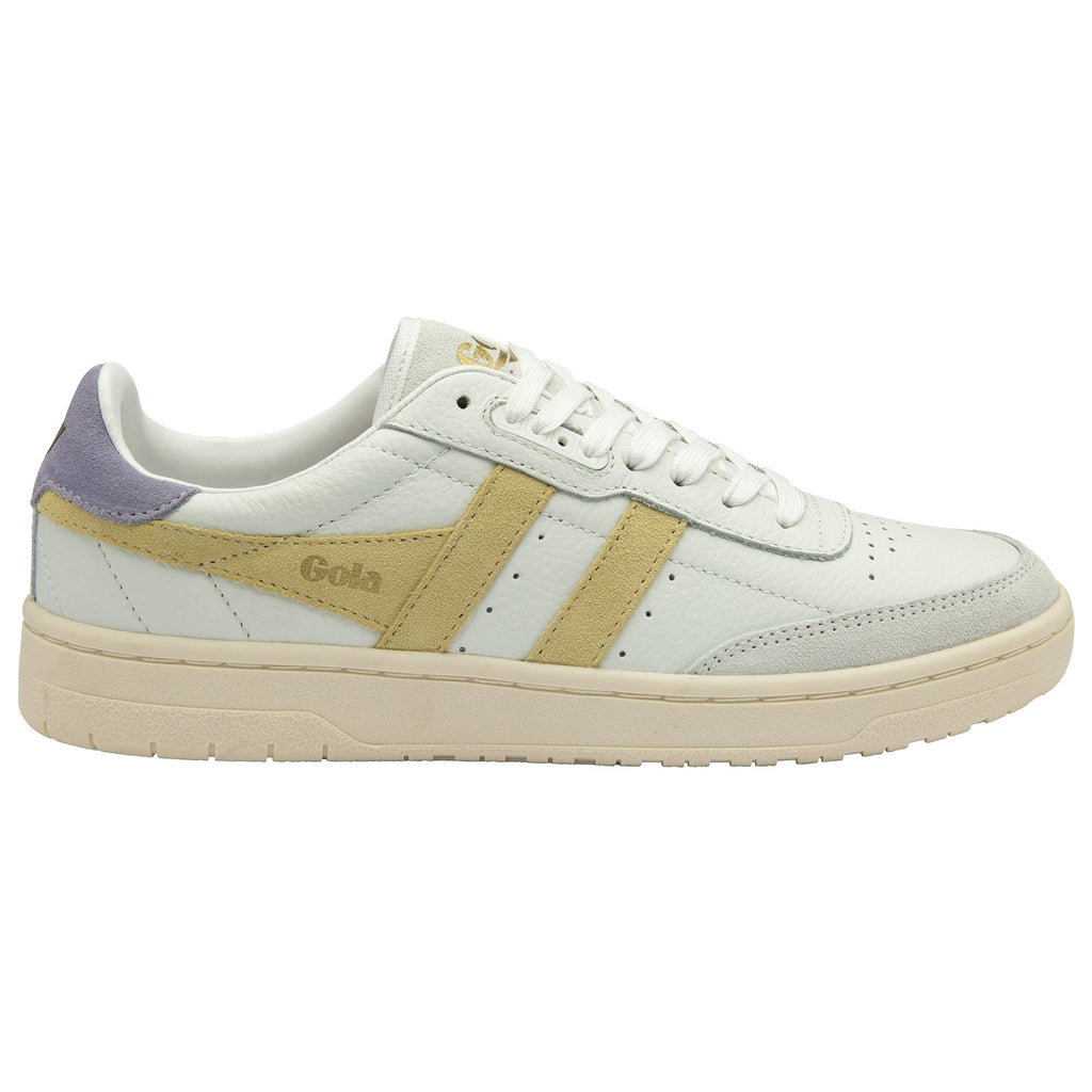 A single Gola women's trainer, in off-white with tan stripes and a lilac heel, from the left.