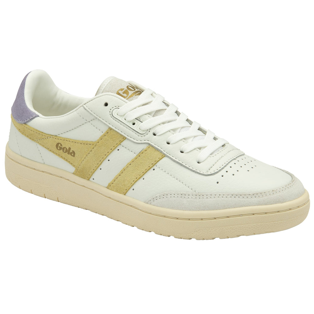 A single Gola women's trainer, in off-white with tan stripes and a lilac heel, from the right.
