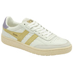 A single Gola women's trainer, in off-white with tan stripes and a lilac heel, from the right.