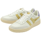 A pair of Gola women's trainers, in off-white with tan stripes and a lilac heel.