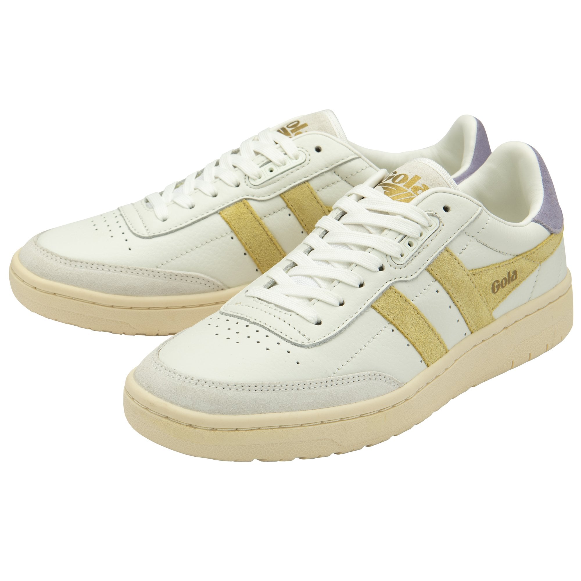 A pair of Gola women's trainers, in off-white with tan stripes and a lilac heel.