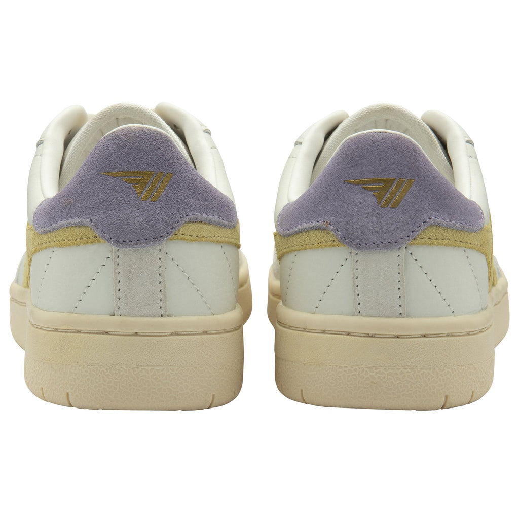 The rear view of a pair of Gola women's trainers, in off-white with tan stripes and lilac.
