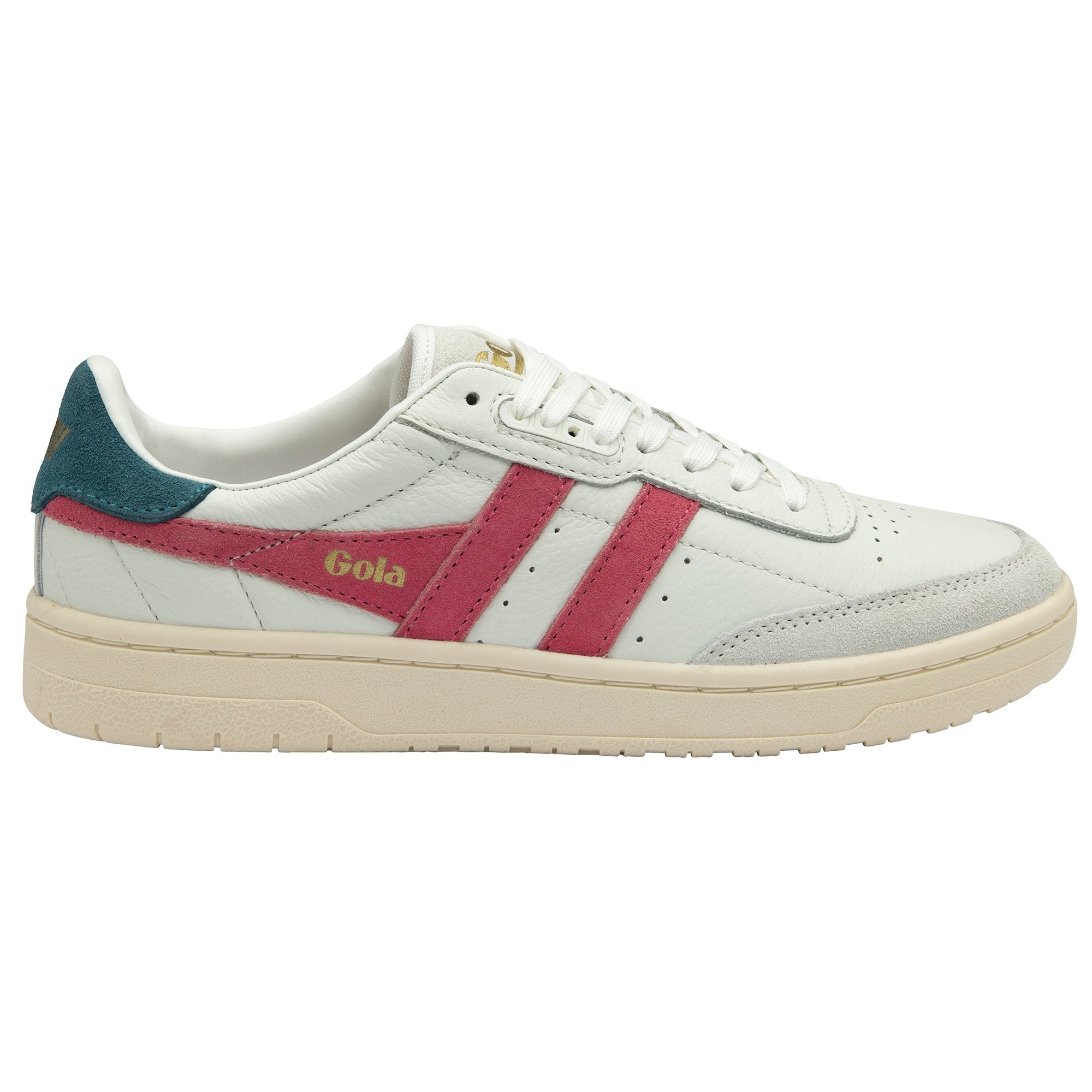 A white sneaker with two red stripes on the side and a teal heel accent.