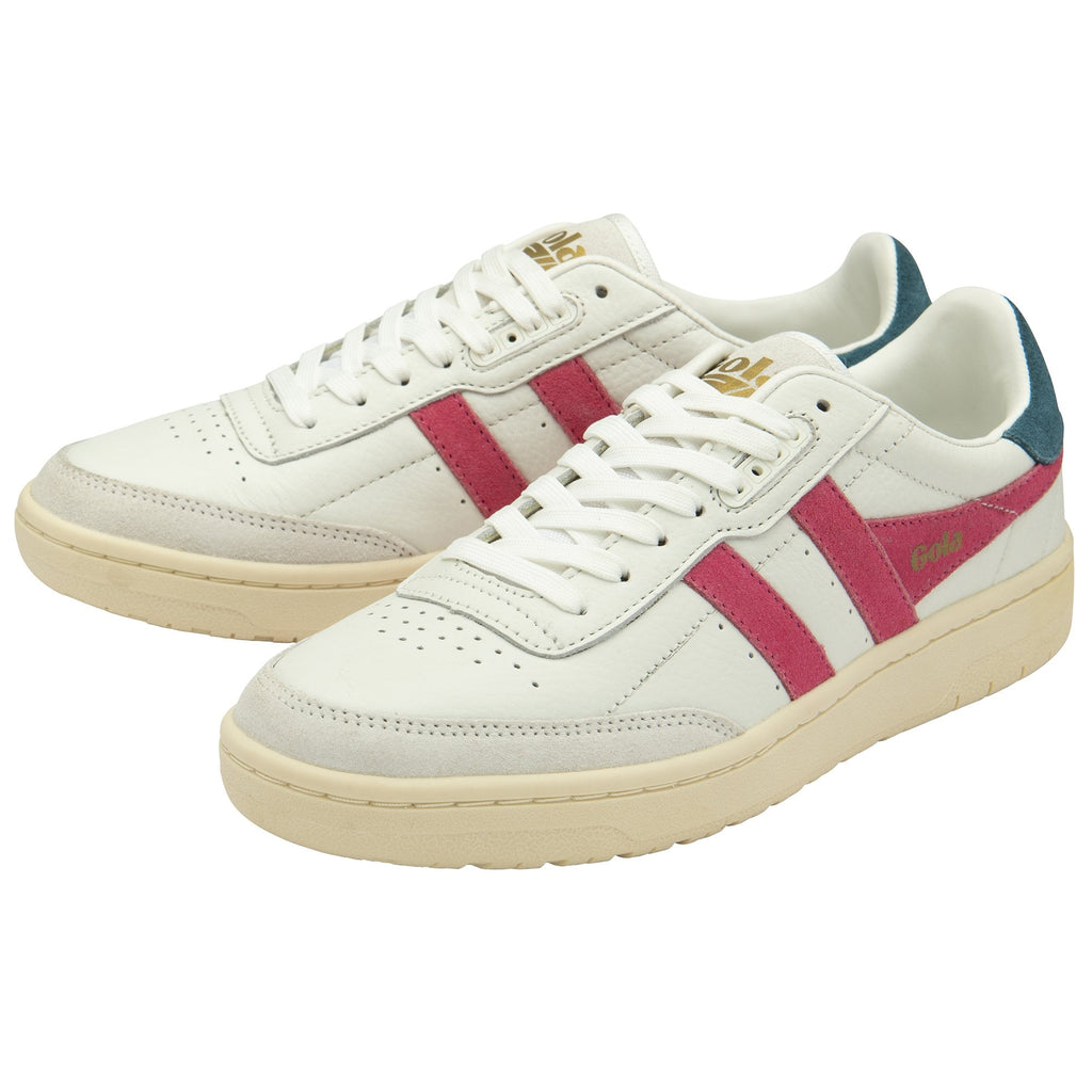 A pair of white sneakers with red stripes and teal heel accents, angled to show both.