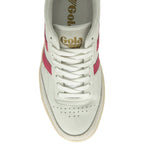 A top-down view of a white sneaker with red stripes, white laces, and a gold logo.