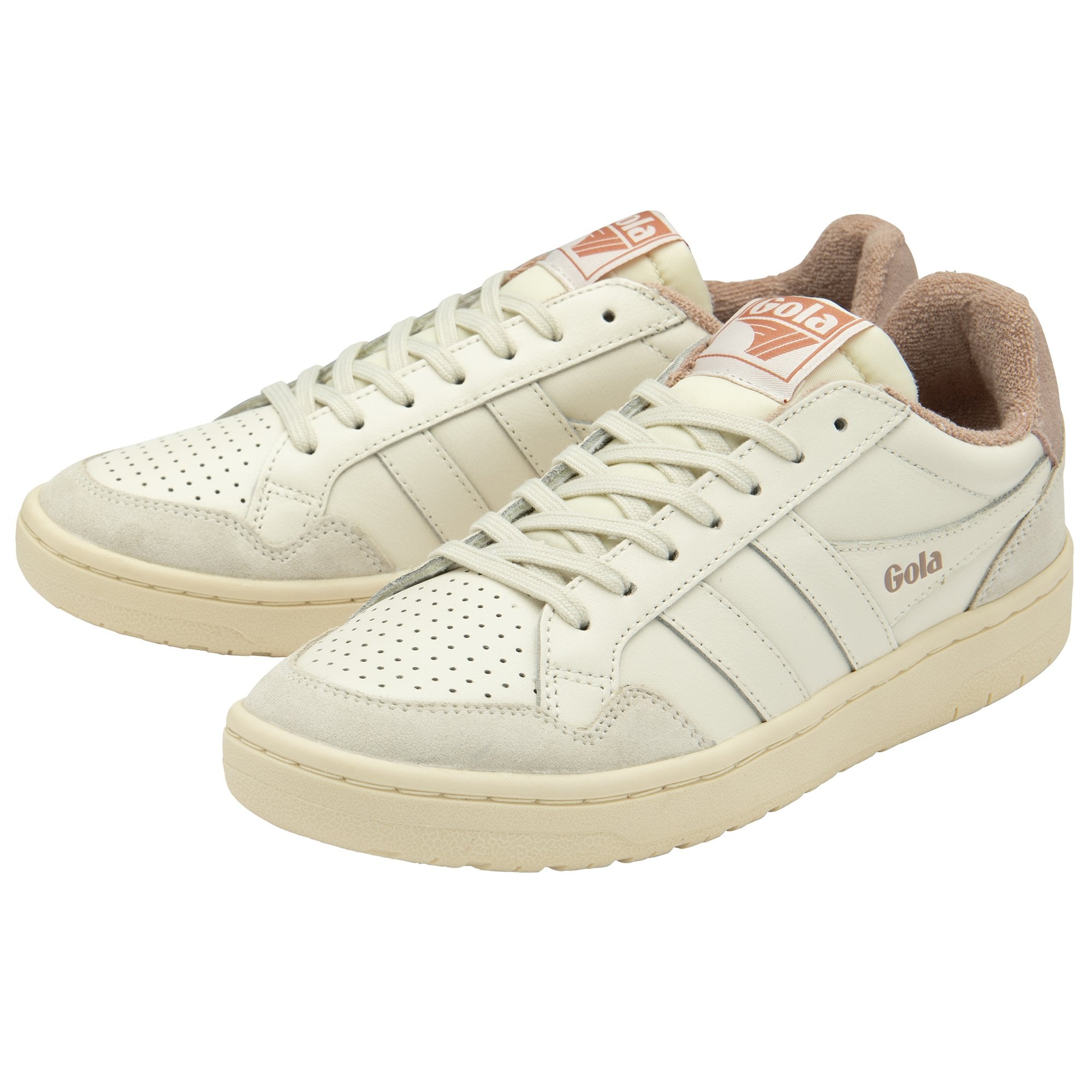 Two cream and beige Gola sneakers with peachy pink accents on a white background.