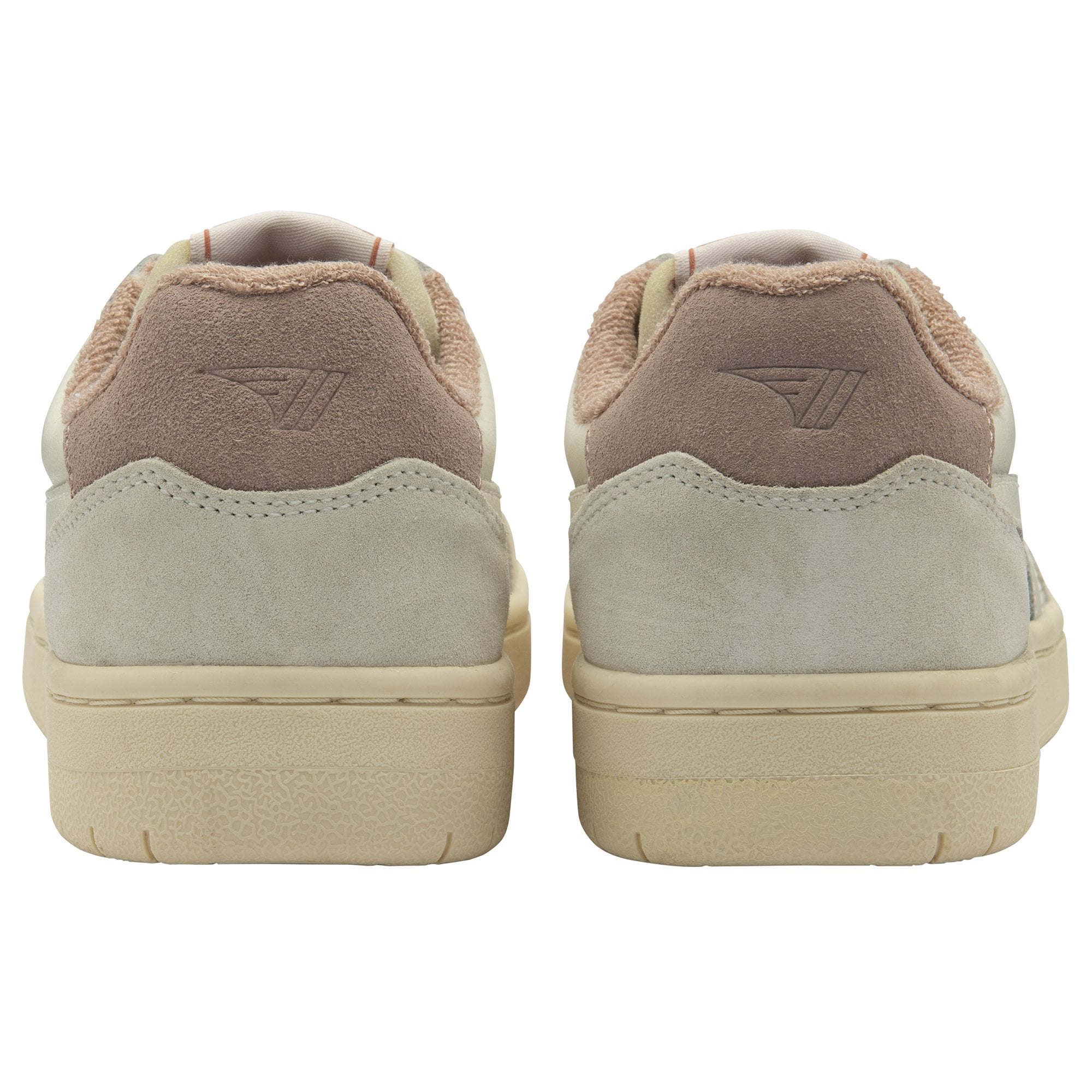 The backs of two cream and beige Gola sneakers with peachy pink heels on a white background.