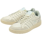A pair of cream Gola sneakers with light blue accents, angled view.