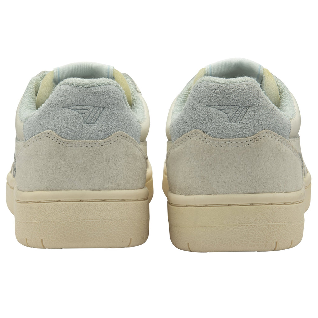 Rear view of a pair of cream Gola sneakers with light blue heel accents.