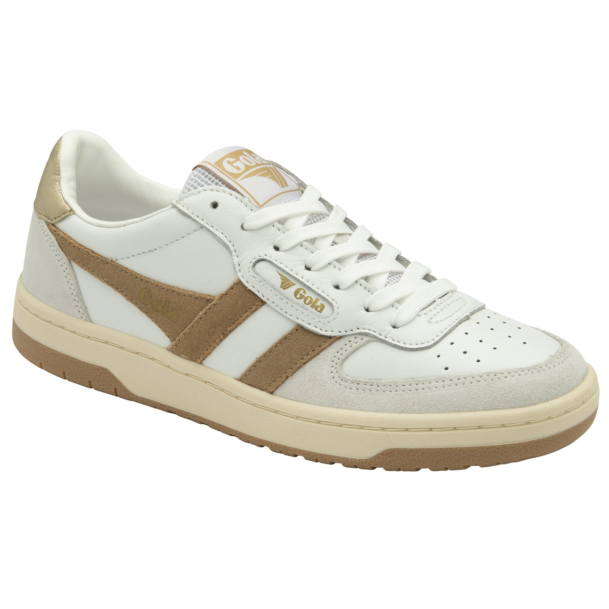 Front quarter view of a white and gold Gola sneaker.