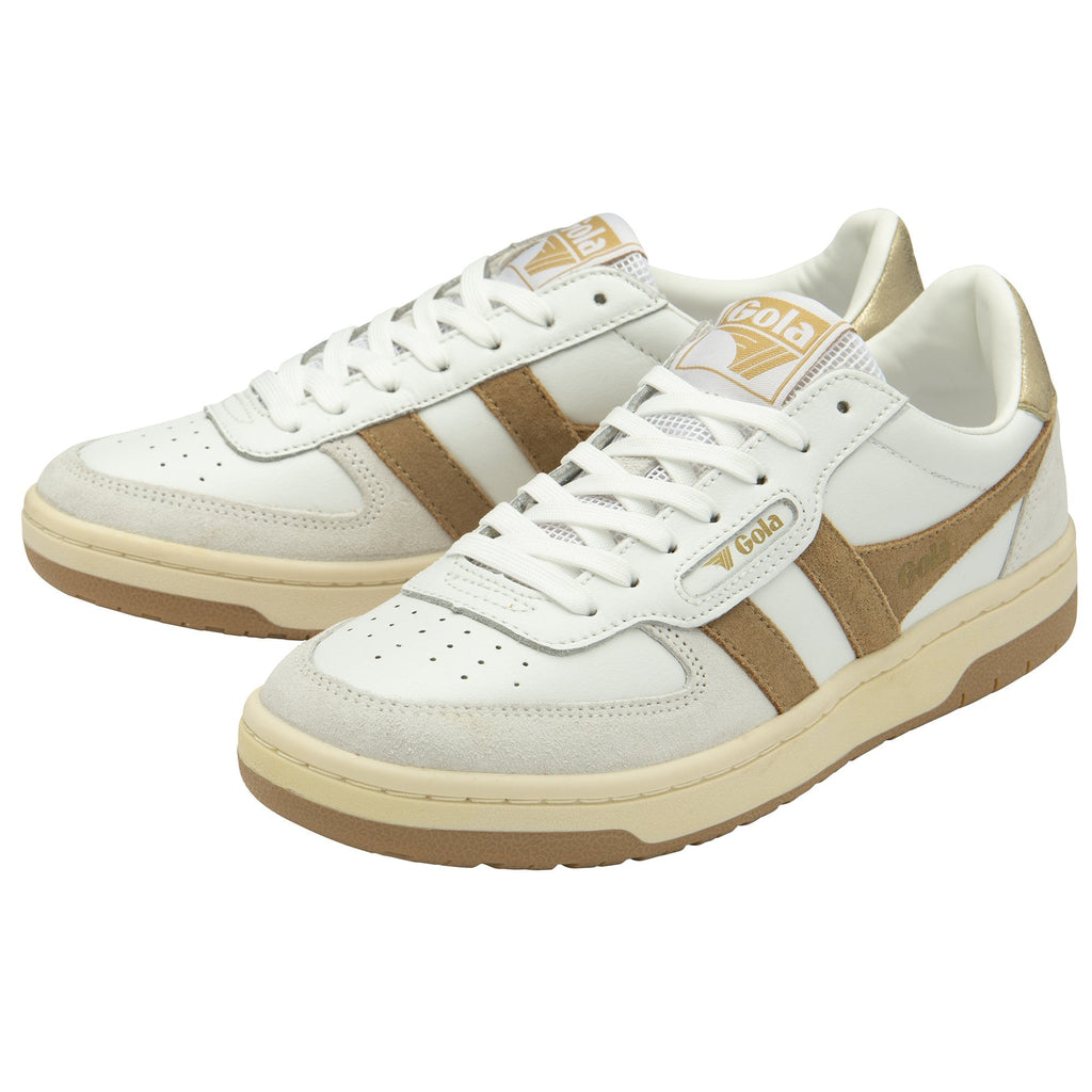 Pair of white and gold Gola sneakers, front quarter view.