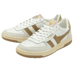 Pair of white and gold Gola sneakers, front quarter view.