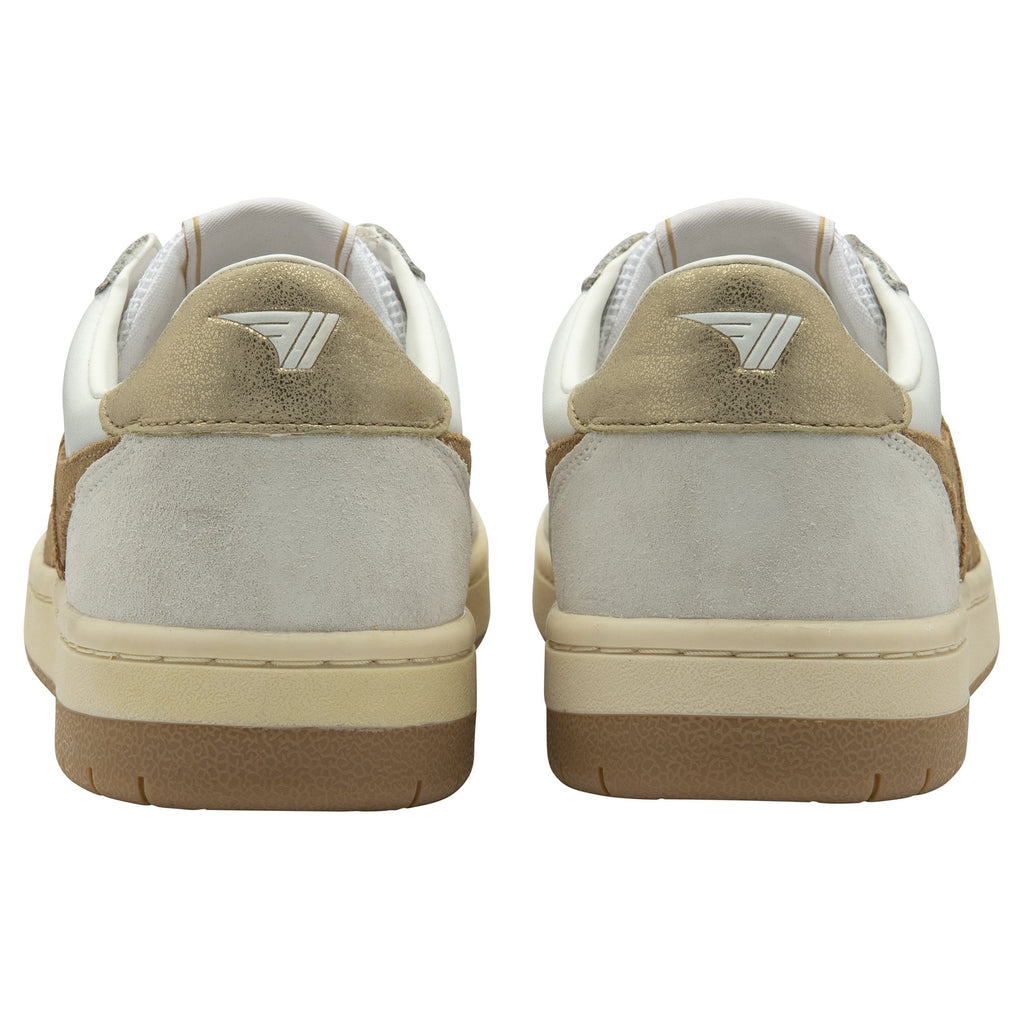 Back view of a pair of white and gold Gola sneakers.