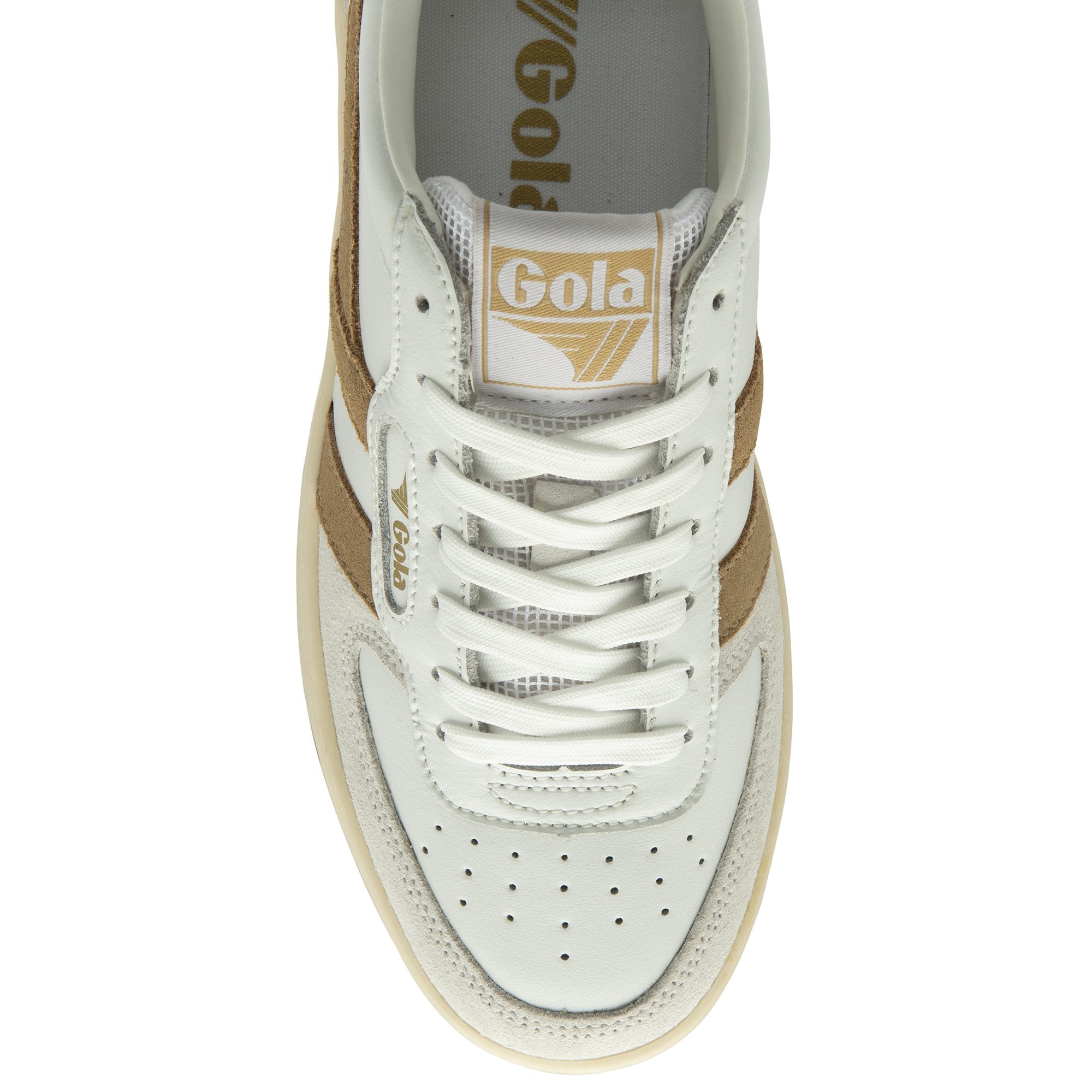 Top down view of a white and gold Gola sneaker.