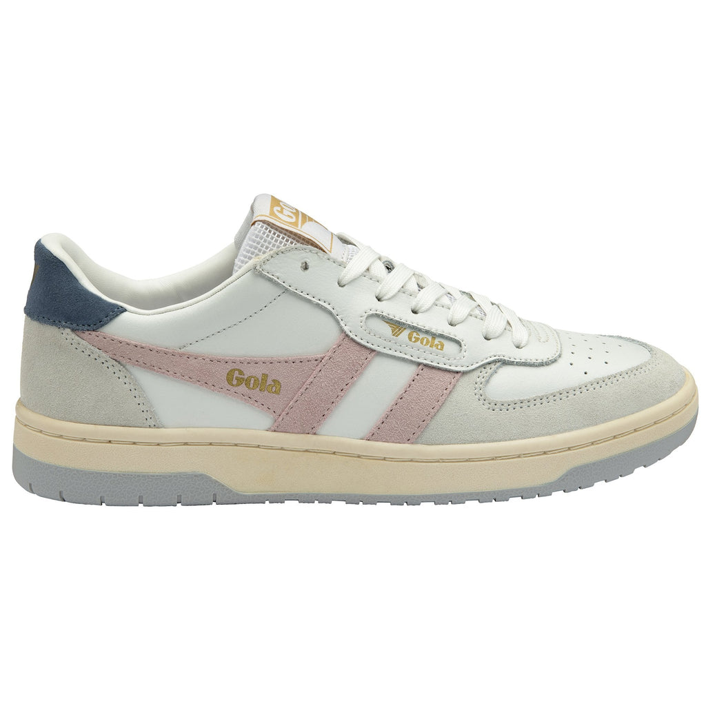 Side view of a white Gola sneaker with pink stripes and a navy heel accent.