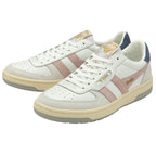 Pair of white Gola sneakers with pink stripes and navy heel accents.