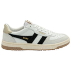 Side view of a white Gola sneaker with black stripes and gold accents.