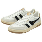 Pair of white Gola sneakers with black stripes and gold accents.