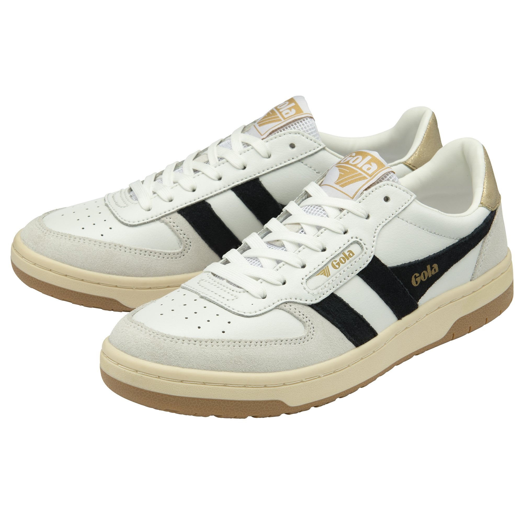 Pair of white Gola sneakers with black stripes and gold accents.