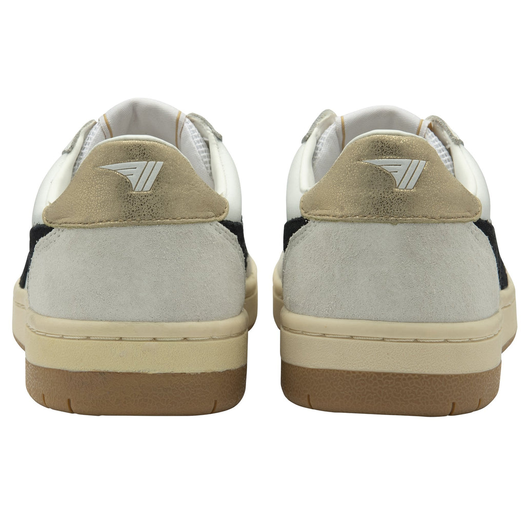Rear view of a pair of white Gola sneakers with tan heels.