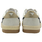 Rear view of a pair of white Gola sneakers with tan heels.