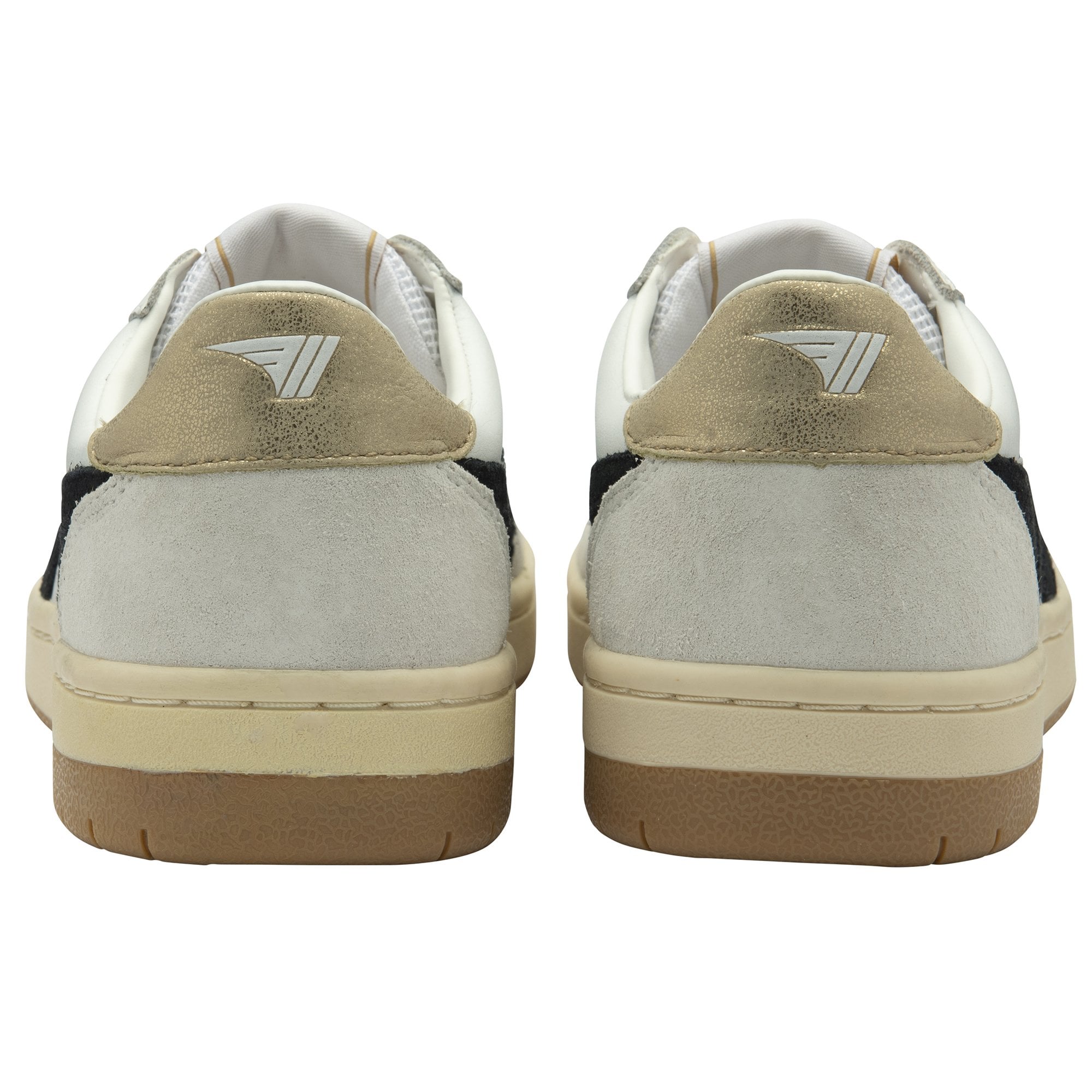 Rear view of a pair of white Gola sneakers with tan heels.