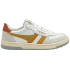 A white and gold Gola sneaker with an orange heel accent is shown from a side view.