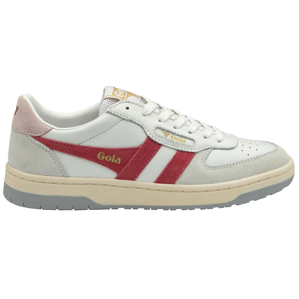 A single white trainer with two red stripes on the side, displayed on a white background.
