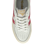 A top-down view of a white trainer with red stripes and white laces on a white background.