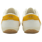 Back view of a pair of white Gola sneakers with yellow accents.
