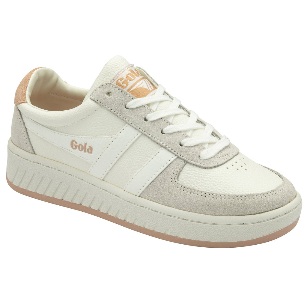 A white Gola sneaker with a blush pink heel and sole.