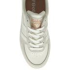 The top-down view of a white Gola sneaker with a blush pink tongue and white laces.