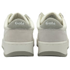The back view of a pair of white and grey Gola sneakers.
