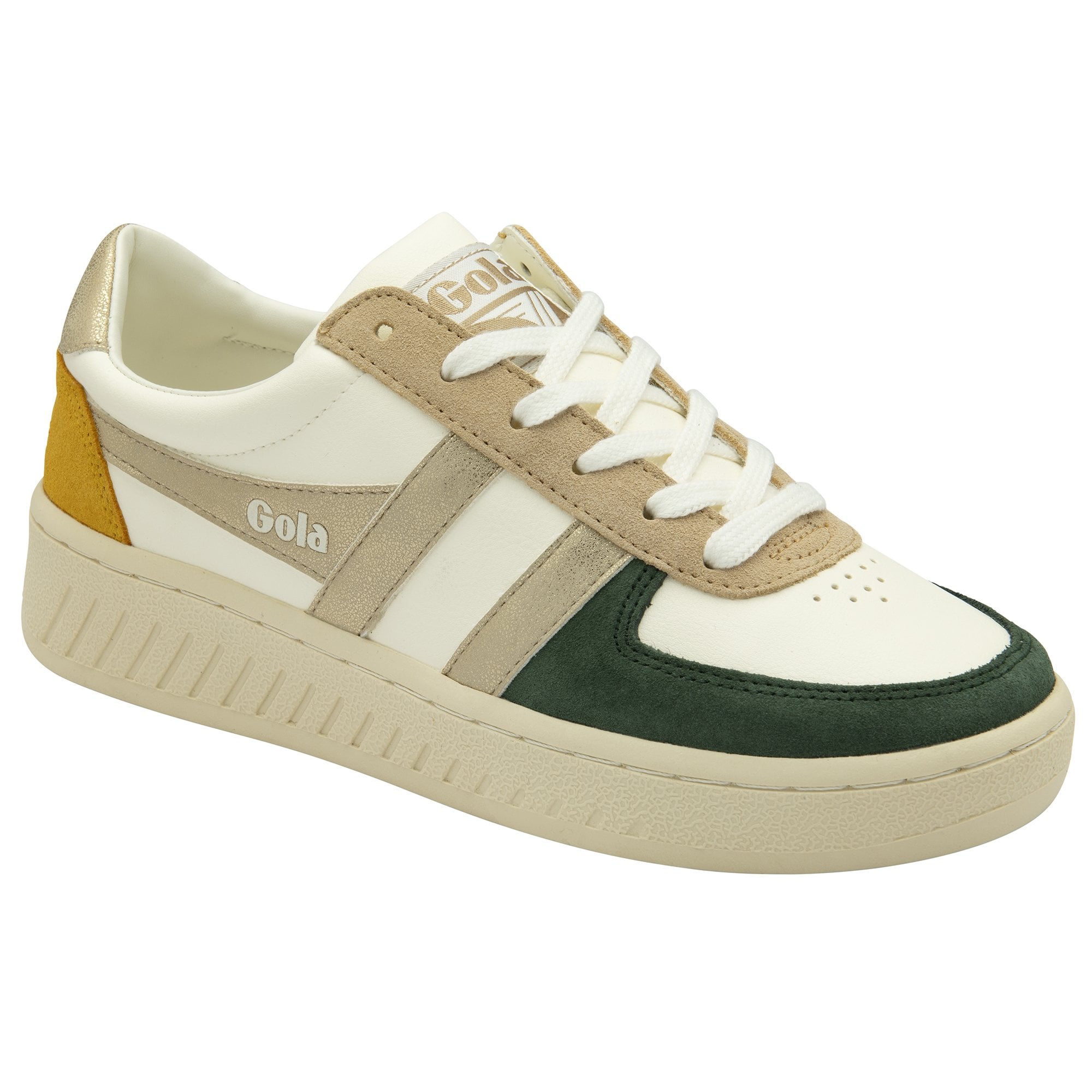 A white Gola sneaker with green, gold, and tan accents, angled to show the side.
