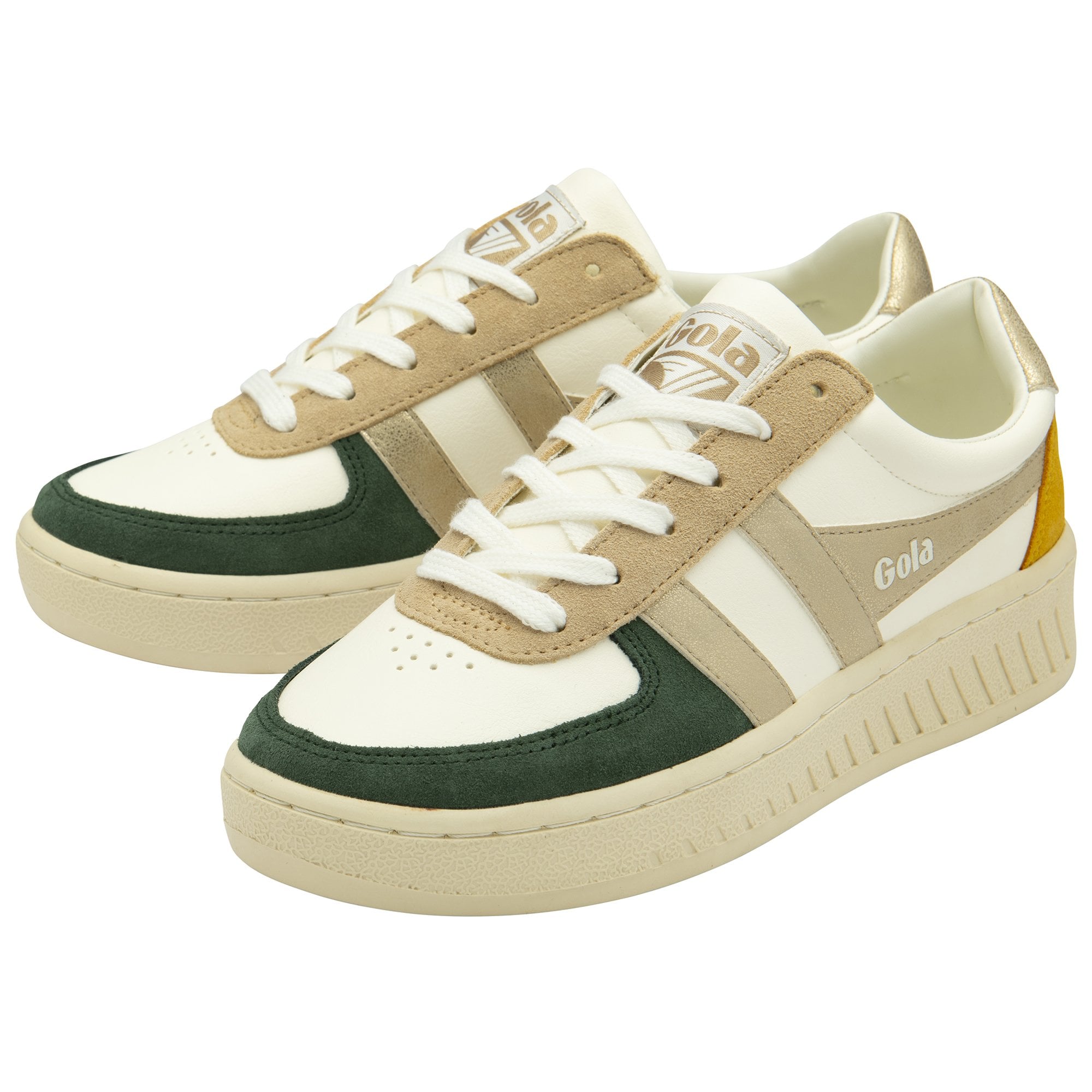 A pair of white Gola sneakers with green, gold, and tan accents, positioned side-by-side.